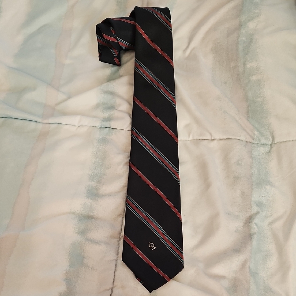 Vintage Christian Dior Striped Necktie Silk Blend Dark Navy